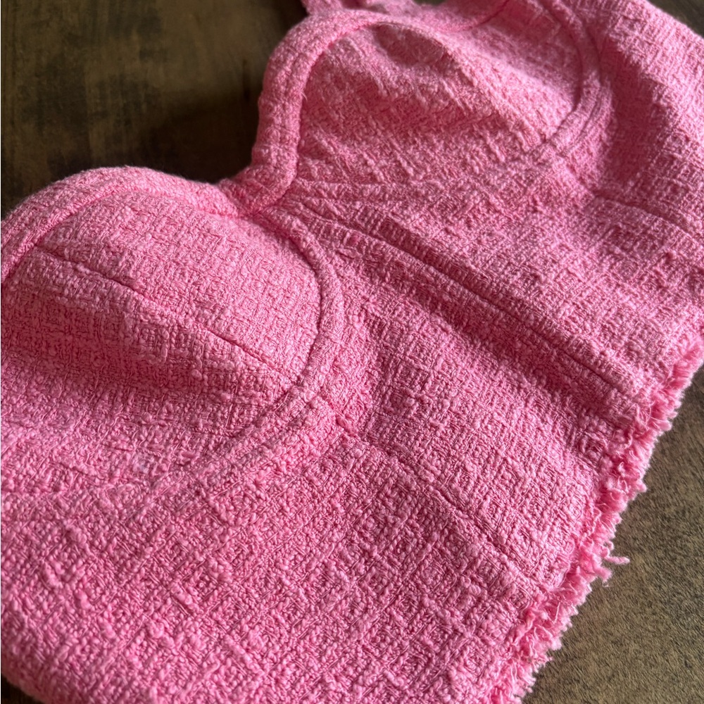NWT ZARA Textured Tweed Pink Crop Top - Picture 4 of 7